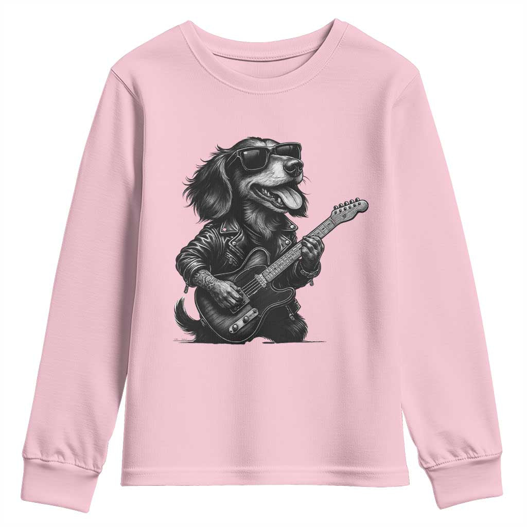 Rock And Roll Dachshund Youth Sweatshirt Dog Playing Guitar Music Lover TS12 Light Pink Print Your Wear