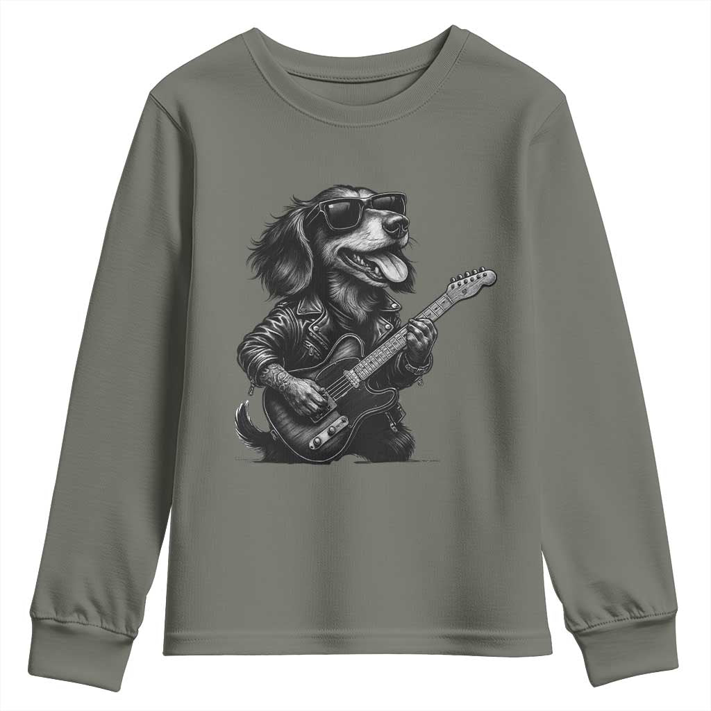 Rock And Roll Dachshund Youth Sweatshirt Dog Playing Guitar Music Lover TS12 Military Green Print Your Wear