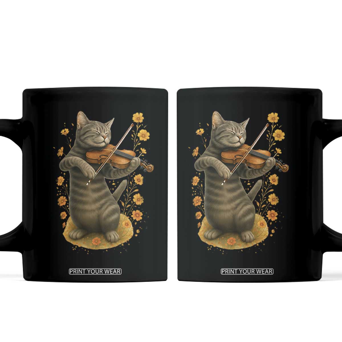 Vintage Cat Playing Violin Coffee Mug Flowers Classical Music Cottagecore Music Lover Gift TS12 Black Print Your Wear