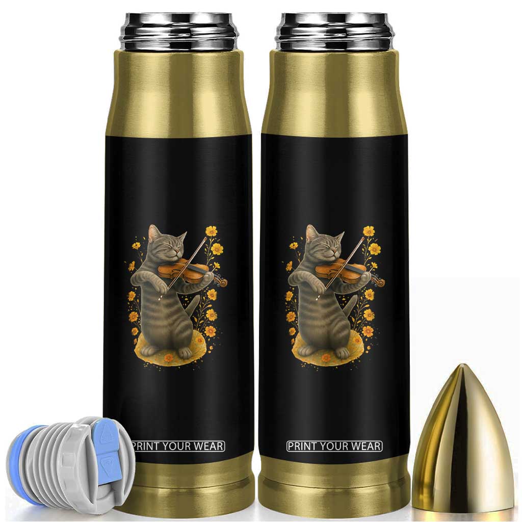 Vintage Cat Playing Violin Bullet Tumbler Flowers Classical Music Cottagecore Music Lover Gift TS12 Black Print Your Wear