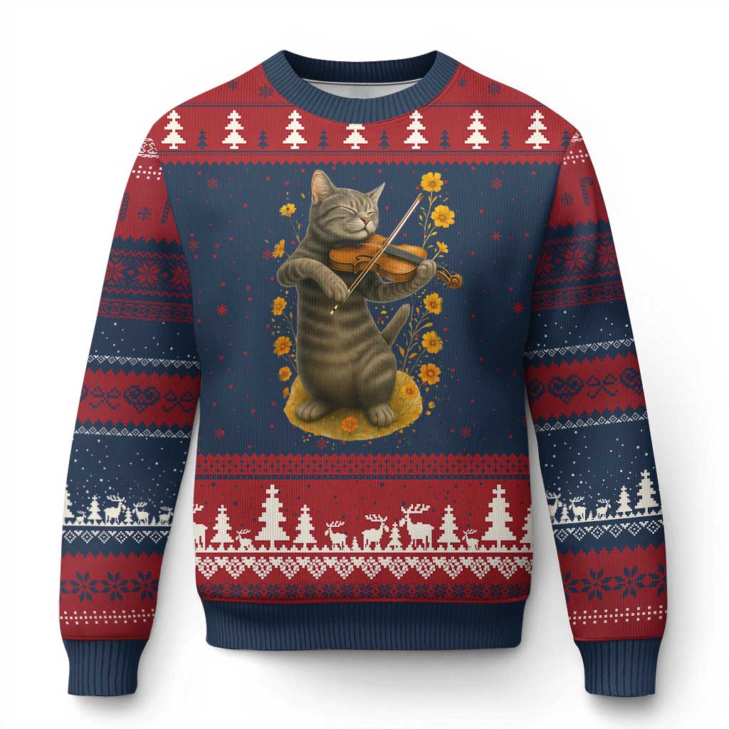 Vintage Cat Playing Violin Ugly Christmas Sweater Flowers Classical Music Cottagecore Music Lover Gift TS12 Navy Red Print Your Wear