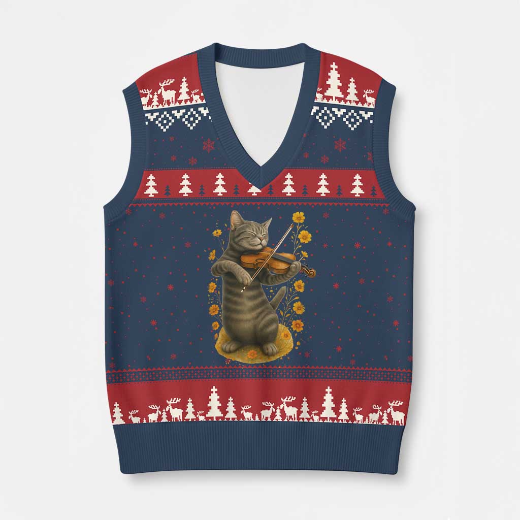 Vintage Cat Playing Violin V-Neck Knit Sweater Vest Flowers Classical Music Cottagecore Music Lover Gift TS12 Navy Red Print Your Wear