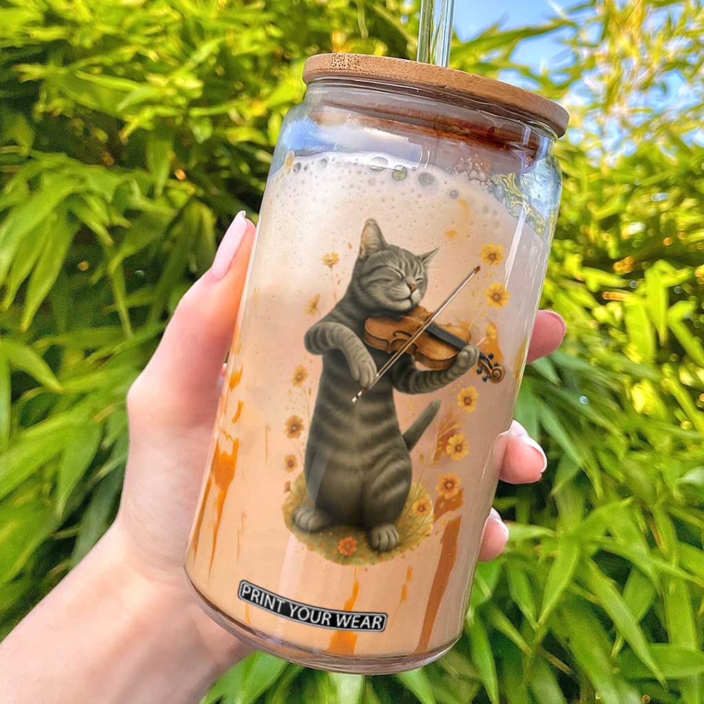 Vintage Cat Playing Violin Glass Can Flowers Classical Music Cottagecore Music Lover Gift TS12 Black Print Your Wear