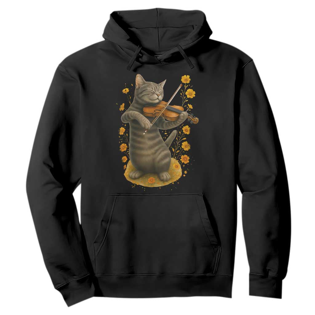 Vintage Cat Playing Violin Hoodie Flowers Classical Music Cottagecore Music Lover Gift TS12 Black Print Your Wear