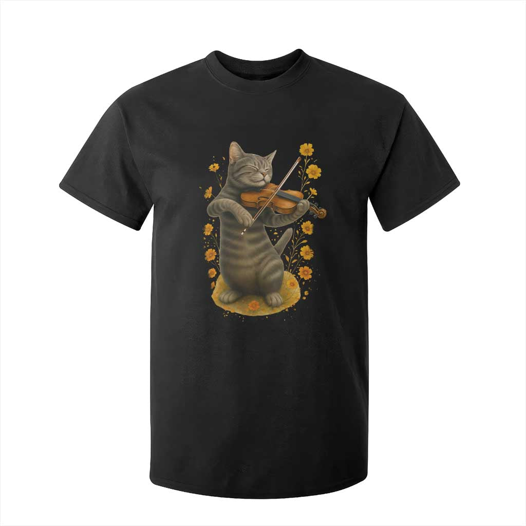 Vintage Cat Playing Violin T Shirt For Kid Flowers Classical Music Cottagecore Music Lover Gift TS12 Black Print Your Wear