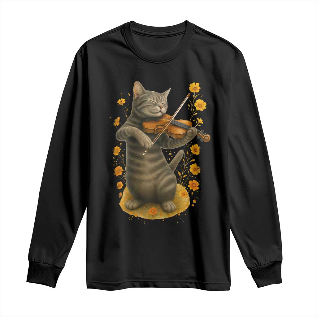 Vintage Cat Playing Violin Long Sleeve Shirt Flowers Classical Music Cottagecore Music Lover Gift TS12 Black Print Your Wear