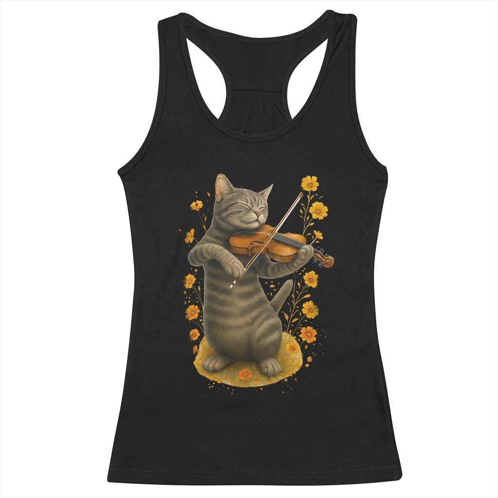 Vintage Cat Playing Violin Racerback Tank Top Flowers Classical Music Cottagecore Music Lover Gift TS12 Black Print Your Wear