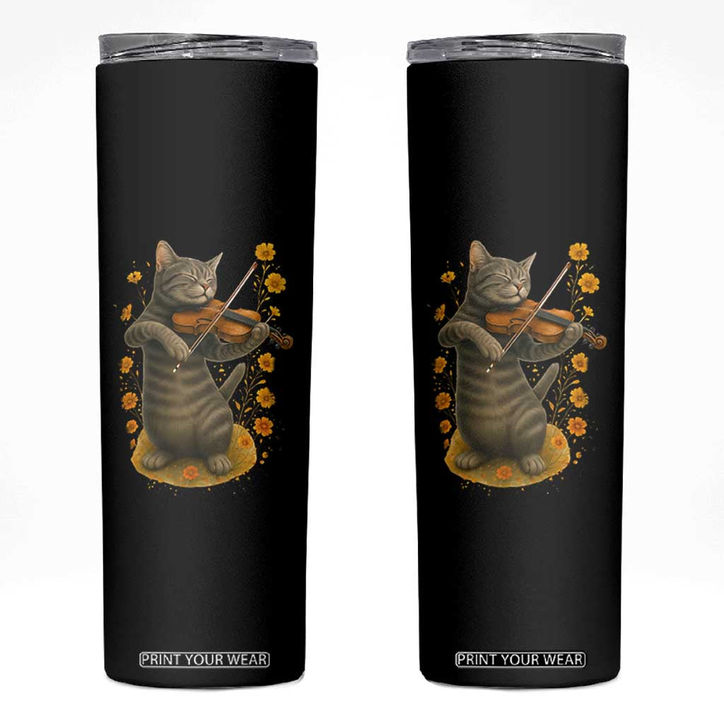 Vintage Cat Playing Violin Skinny Tumbler Flowers Classical Music Cottagecore Music Lover Gift TS12 Black Print Your Wear