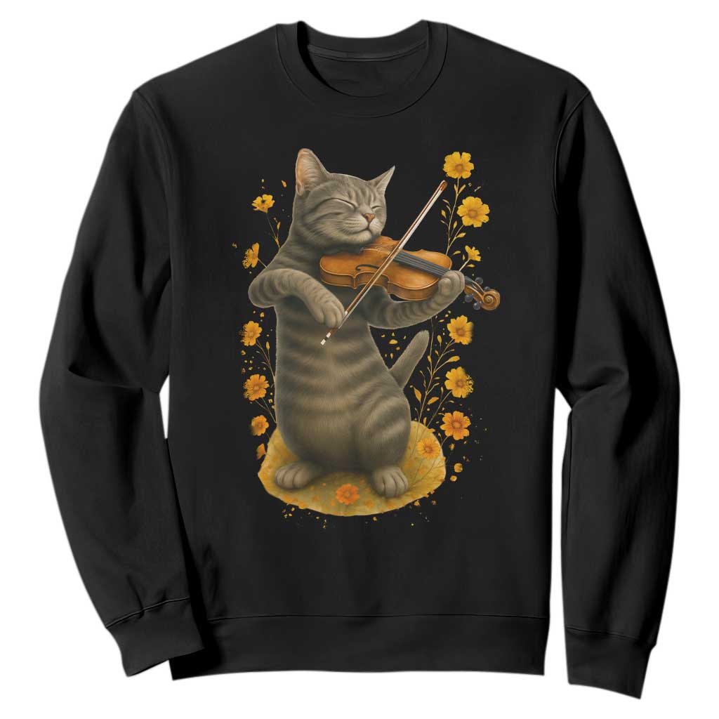 Vintage Cat Playing Violin Sweatshirt Flowers Classical Music Cottagecore Music Lover Gift TS12 Black Print Your Wear