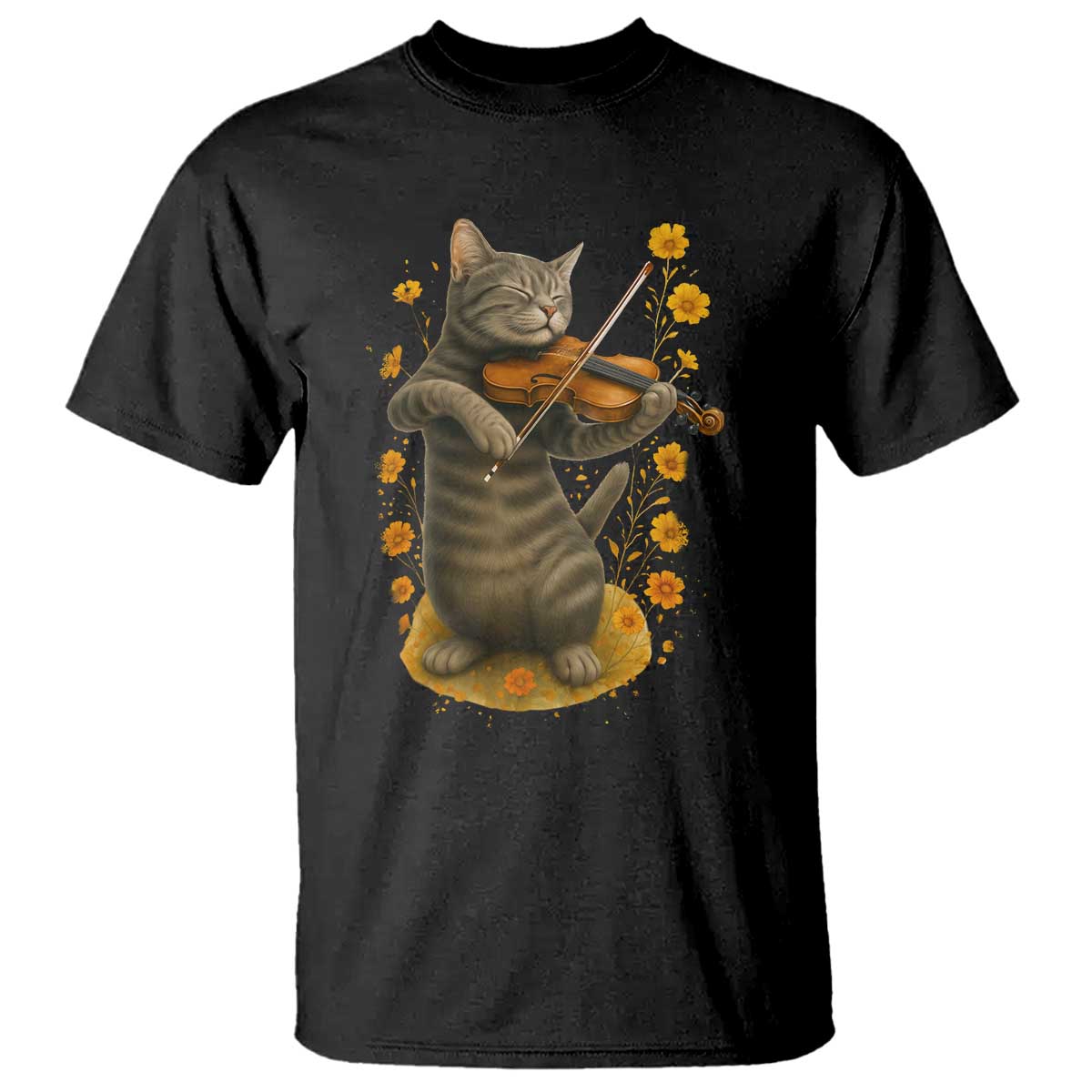 Vintage Cat Playing Violin T Shirt Flowers Classical Music Cottagecore Music Lover Gift TS12 Black Print Your Wear