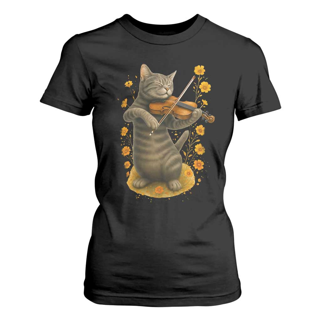 Vintage Cat Playing Violin T Shirt For Women Flowers Classical Music Cottagecore Music Lover Gift TS12 Black Print Your Wear