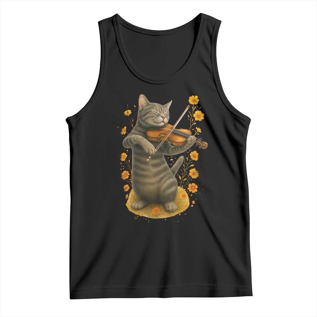 Vintage Cat Playing Violin Tank Top Flowers Classical Music Cottagecore Music Lover Gift TS12 Black Print Your Wear