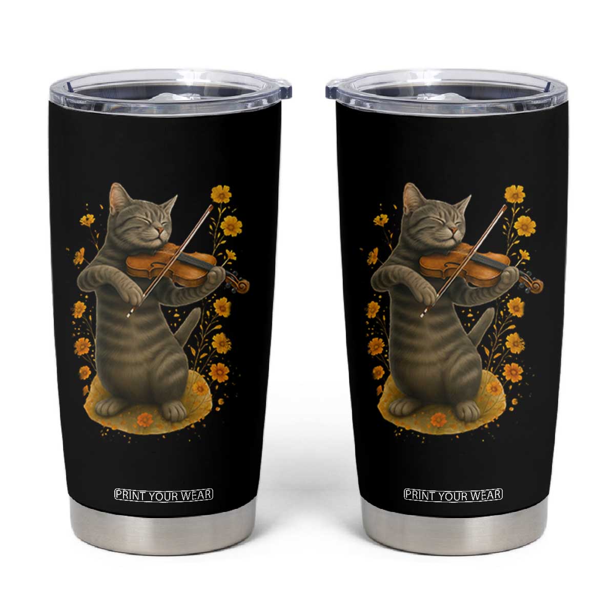 Vintage Cat Playing Violin Tumbler Cup Flowers Classical Music Cottagecore Music Lover Gift TS12 Black Print Your Wear
