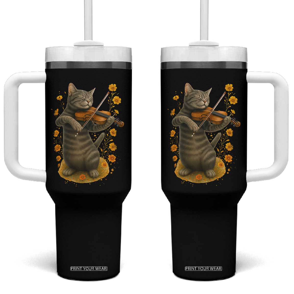 Vintage Cat Playing Violin Tumbler With Handle Flowers Classical Music Cottagecore Music Lover Gift TS12 One Size: 40 oz Black Print Your Wear
