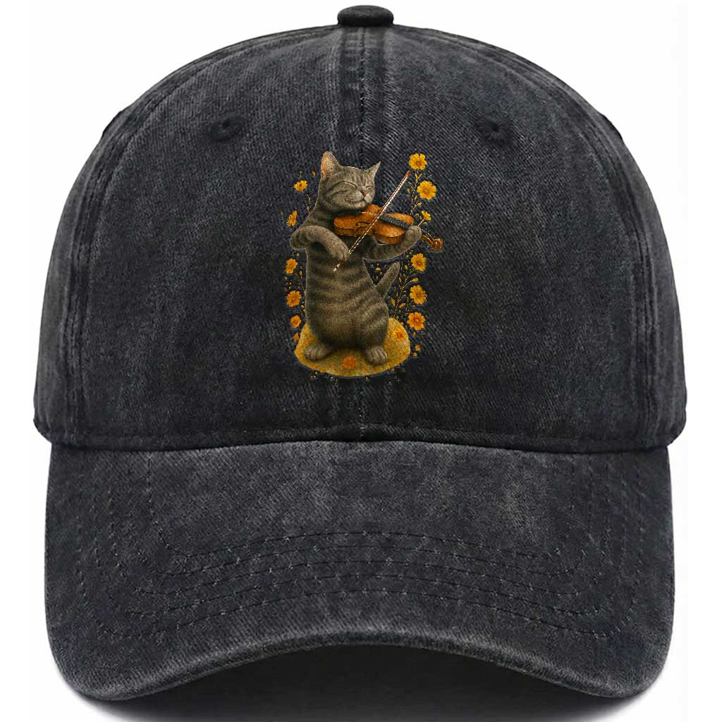 Vintage Cat Playing Violin Washed Cotton Baseball Cap Flowers Classical Music Cottagecore Music Lover Gift TS12 Print Your Wear