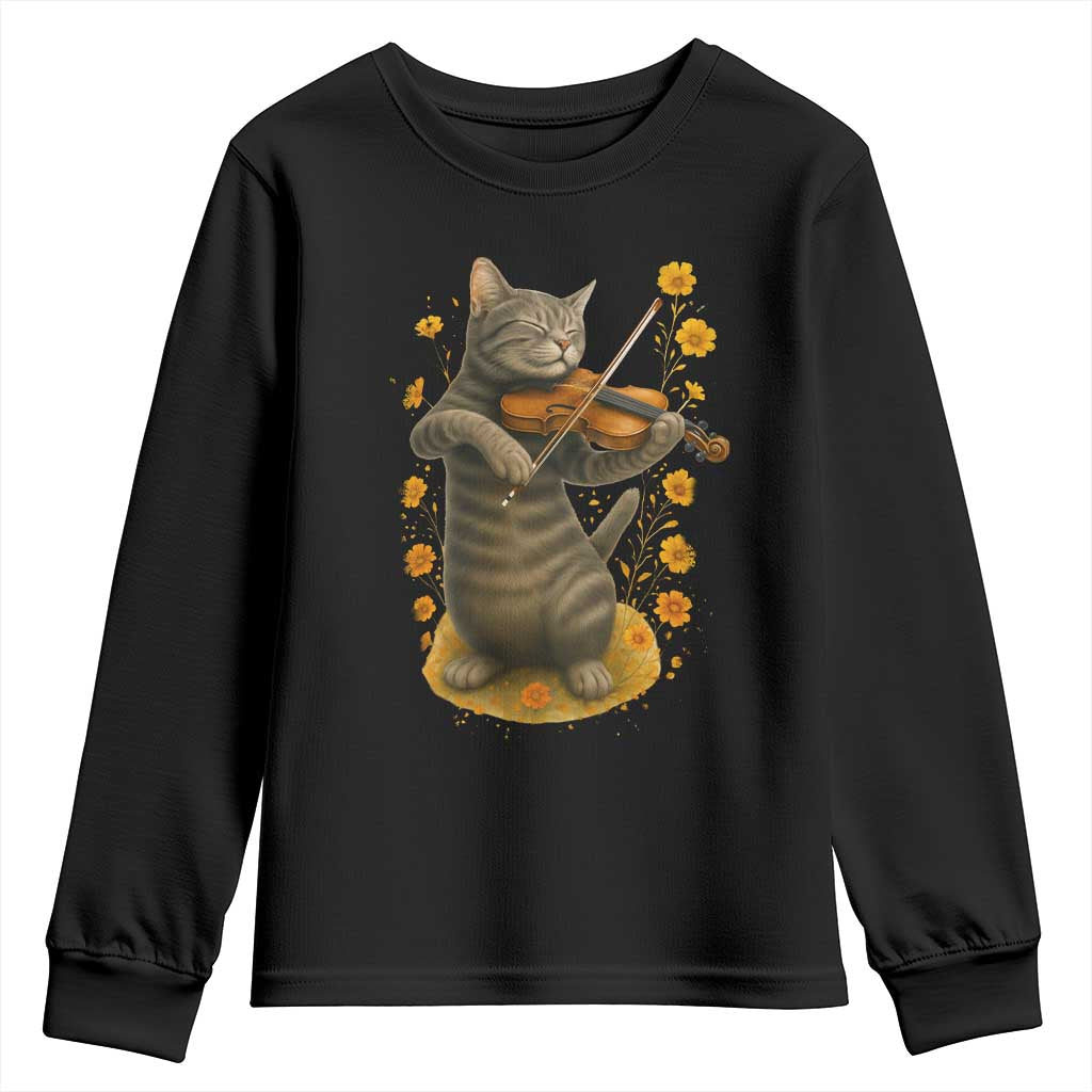 Vintage Cat Playing Violin Youth Sweatshirt Flowers Classical Music Cottagecore Music Lover Gift TS12 Black Print Your Wear