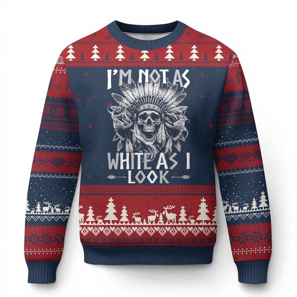Vintage Native Warrior Skull Ugly Christmas Sweater Im Not As White As I Look TS12 Navy Red Print Your Wear