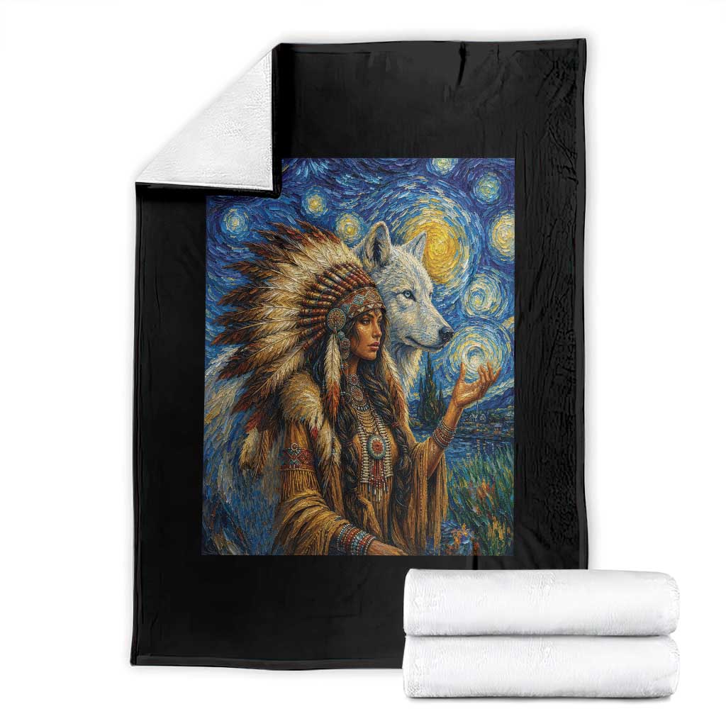 Native American Woman And White Wolf Throw Blanket Starry Night Inspired Art TS12 Black Print Your Wear