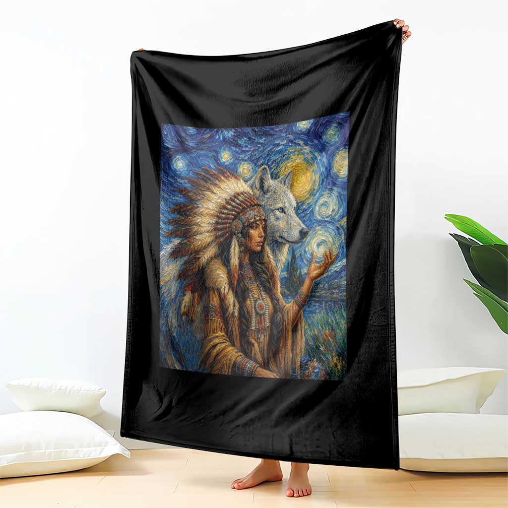 Native American Woman And White Wolf Throw Blanket Starry Night Inspired Art
