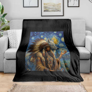 Native American Woman And White Wolf Throw Blanket Starry Night Inspired Art