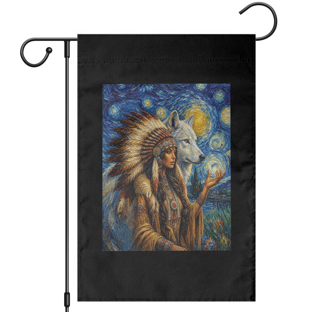 Native American Woman And White Wolf Garden Flag Starry Night Inspired Art TS12 Black Print Your Wear