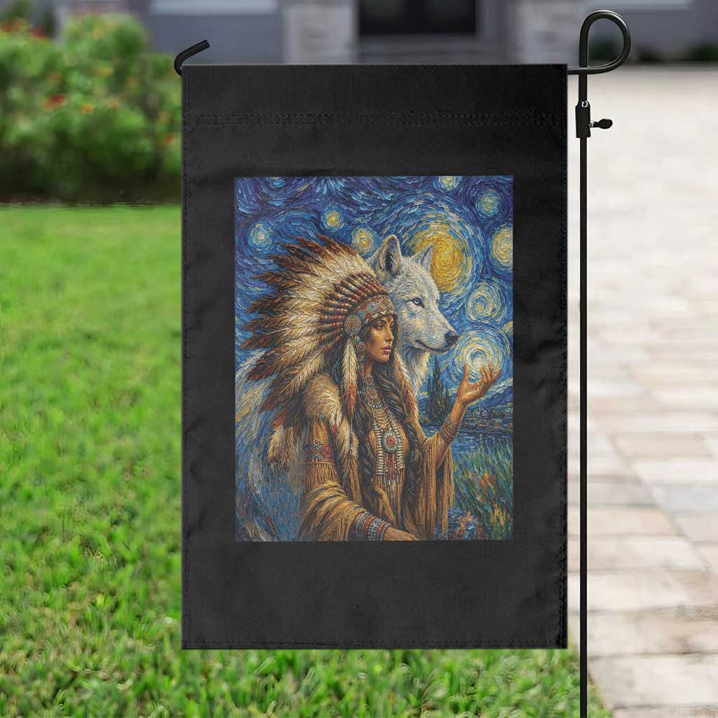 Native American Woman And White Wolf Garden Flag Starry Night Inspired Art