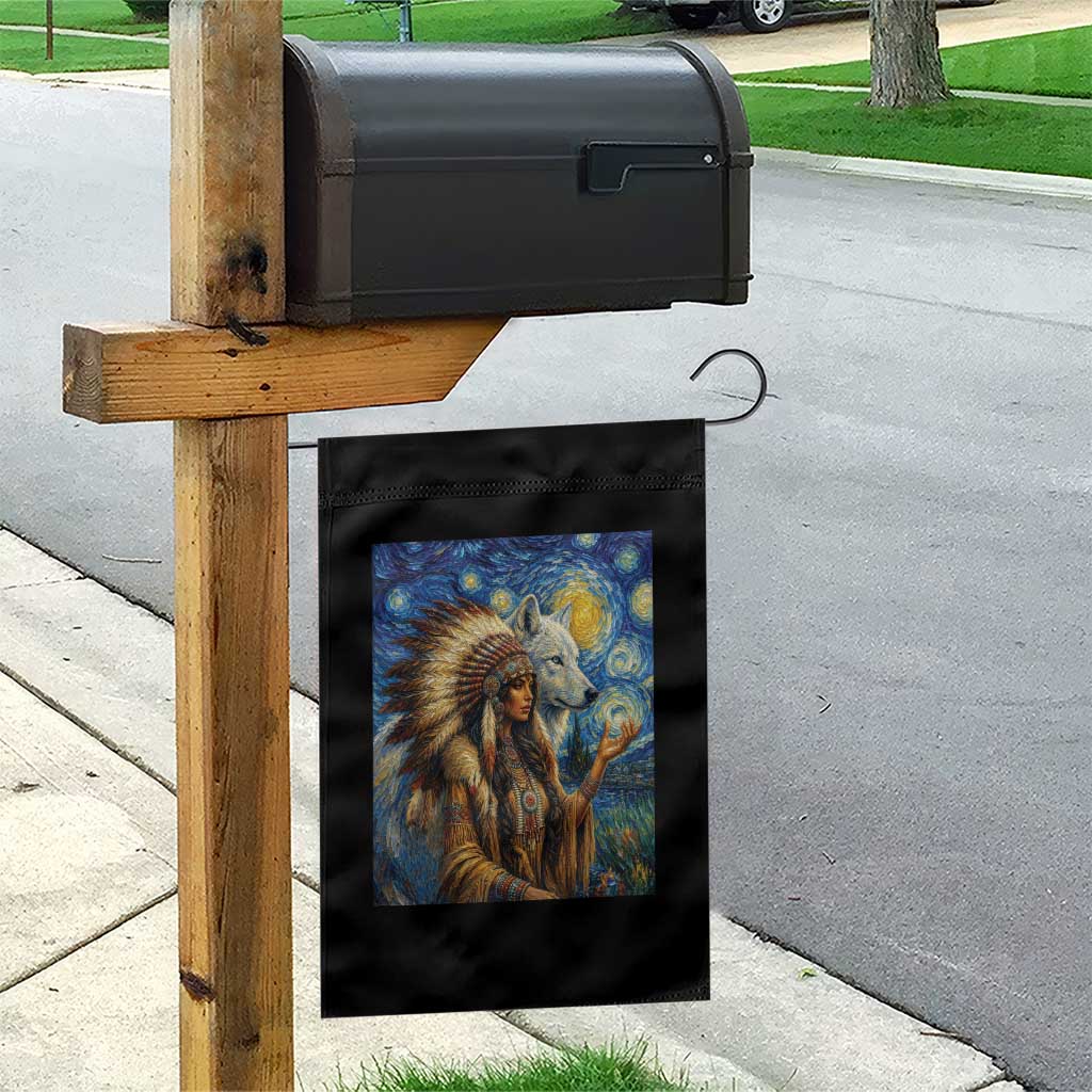 Native American Woman And White Wolf Garden Flag Starry Night Inspired Art