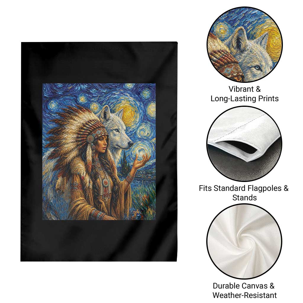 Native American Woman And White Wolf Garden Flag Starry Night Inspired Art