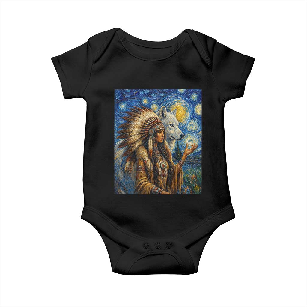 Native American Woman And White Wolf Baby Onesie Starry Night Inspired Art TS12 Black Print Your Wear