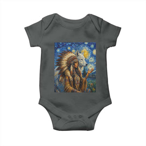 Native American Woman And White Wolf Baby Onesie Starry Night Inspired Art