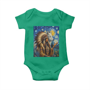 Native American Woman And White Wolf Baby Onesie Starry Night Inspired Art