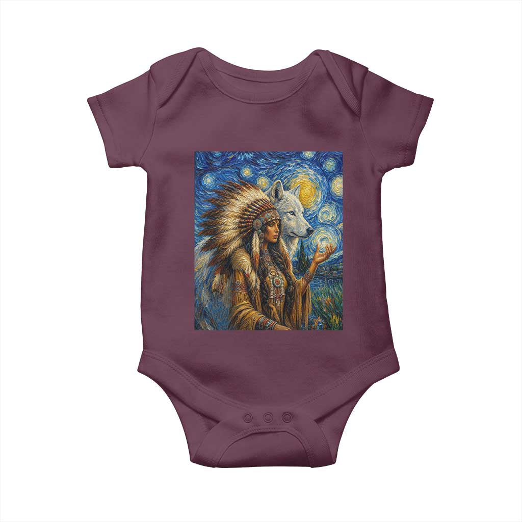 Native American Woman And White Wolf Baby Onesie Starry Night Inspired Art