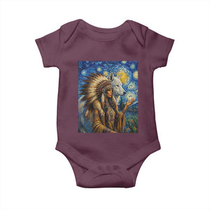 Native American Woman And White Wolf Baby Onesie Starry Night Inspired Art