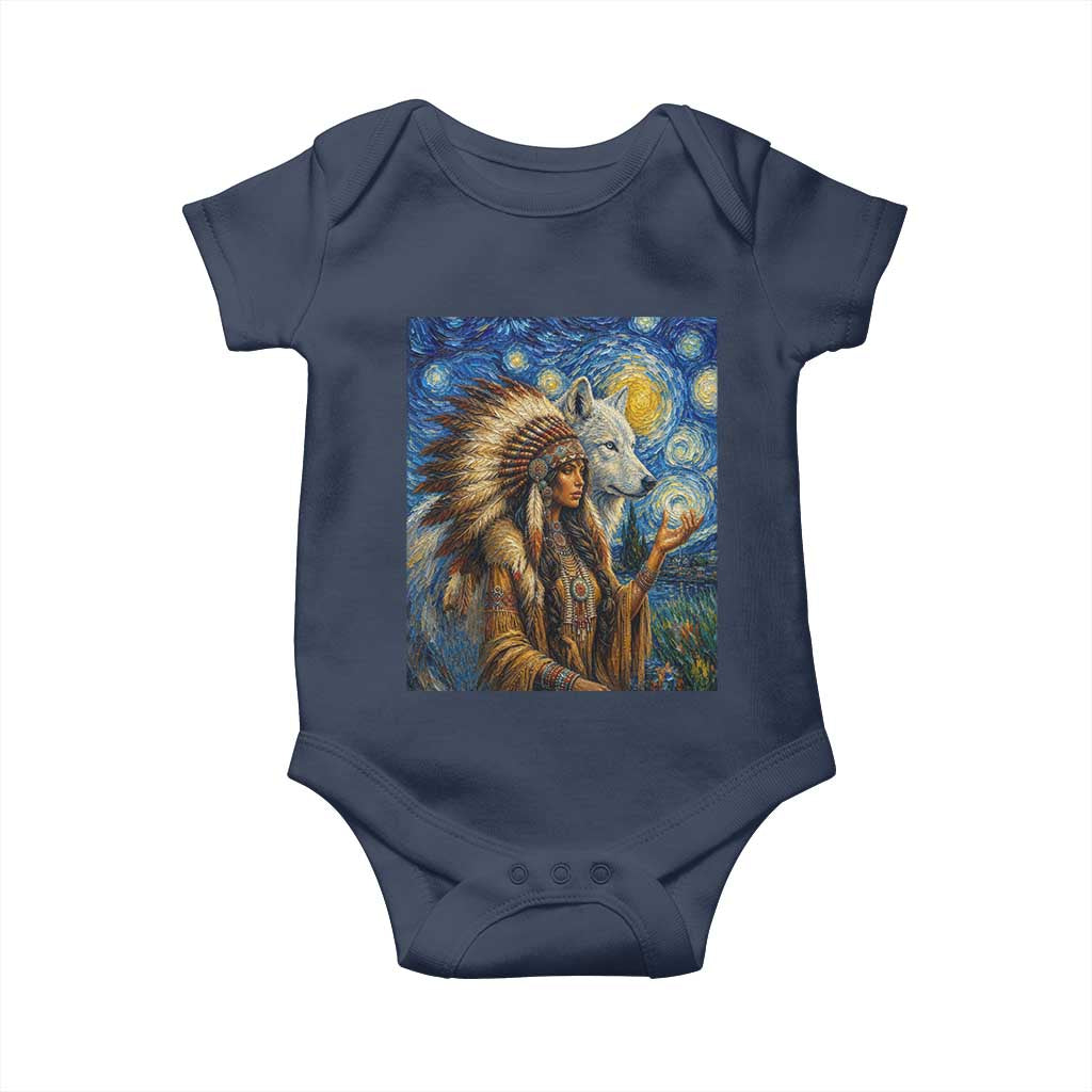 Native American Woman And White Wolf Baby Onesie Starry Night Inspired Art