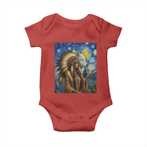 Native American Woman And White Wolf Baby Onesie Starry Night Inspired Art