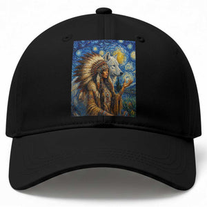 Native American Woman And White Wolf Baseball Cap Starry Night Inspired Art TS12 Print Your Wear