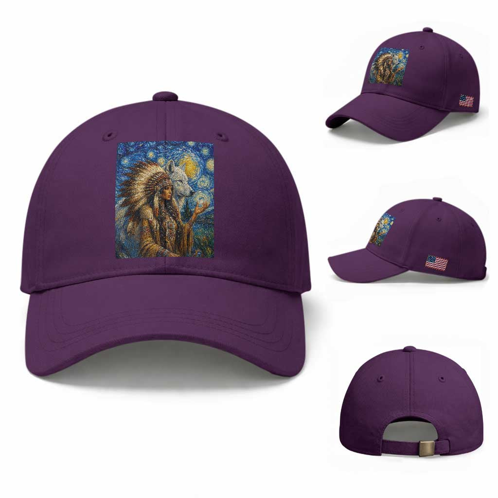 Native American Woman And White Wolf Baseball Cap Starry Night Inspired Art TS12 Baseball Cap Universal Fit Purple Print Your Wear