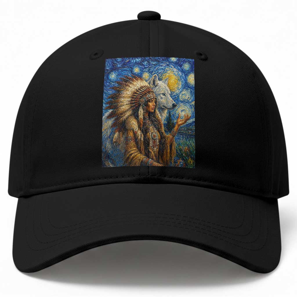 Native American Woman And White Wolf Baseball Cap Starry Night Inspired Art TS12 Print Your Wear