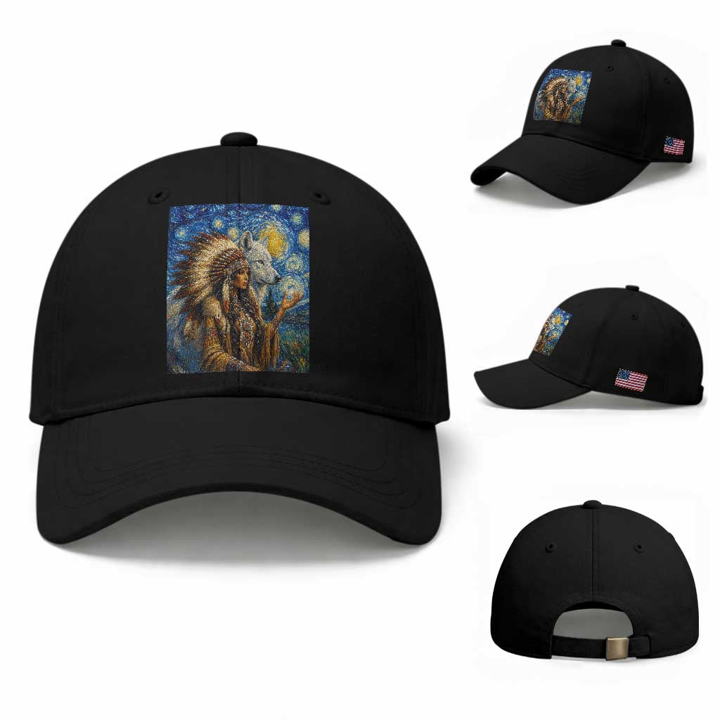 Native American Woman And White Wolf Baseball Cap Starry Night Inspired Art TS12 Baseball Cap Universal Fit Black Print Your Wear