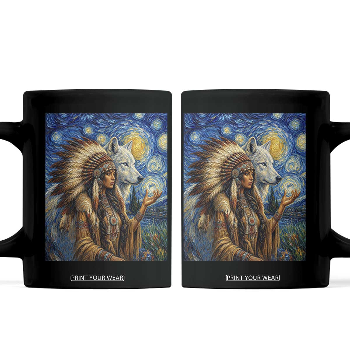 Native American Woman And White Wolf Coffee Mug Starry Night Inspired Art TS12 Black Print Your Wear