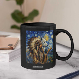 Native American Woman And White Wolf Coffee Mug Starry Night Inspired Art