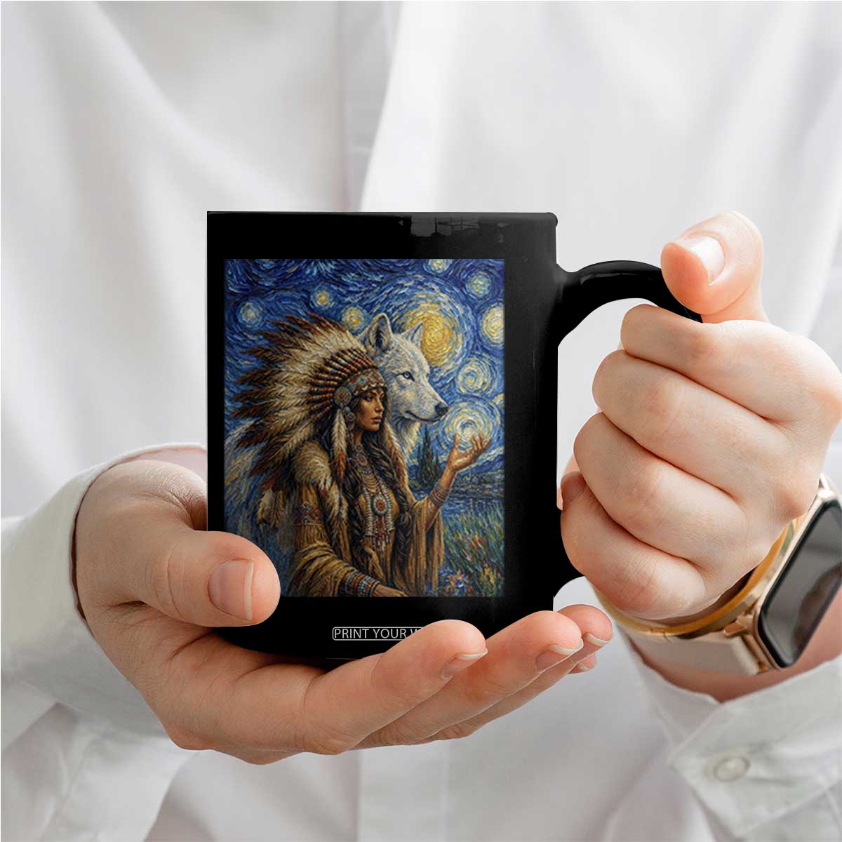 Native American Woman And White Wolf Coffee Mug Starry Night Inspired Art