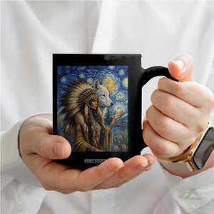 Native American Woman And White Wolf Coffee Mug Starry Night Inspired Art
