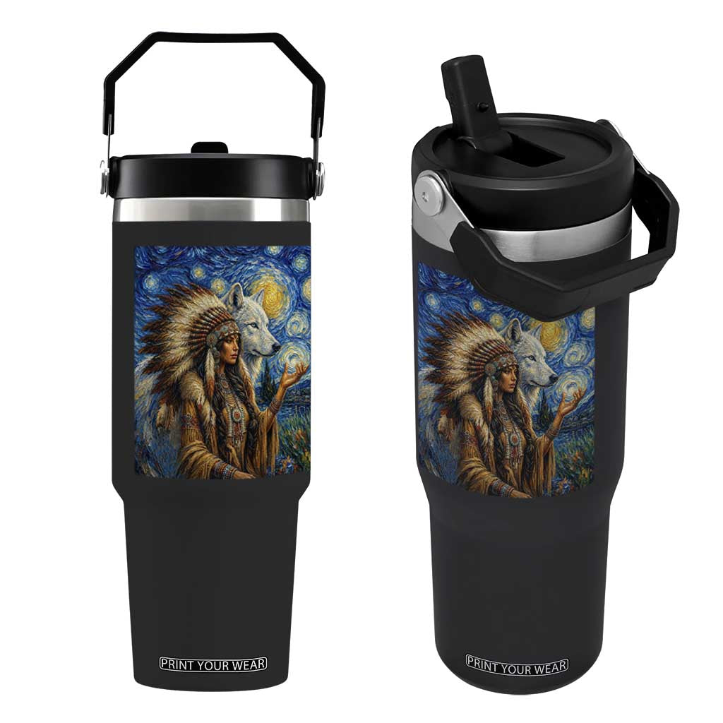 Native American Woman And White Wolf Flip Straw Tumbler Starry Night Inspired Art TS12 One Size: 30 oz Black Print Your Wear