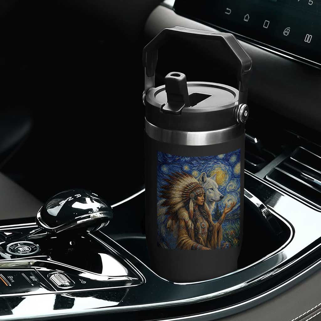 Native American Woman And White Wolf Flip Straw Tumbler Starry Night Inspired Art