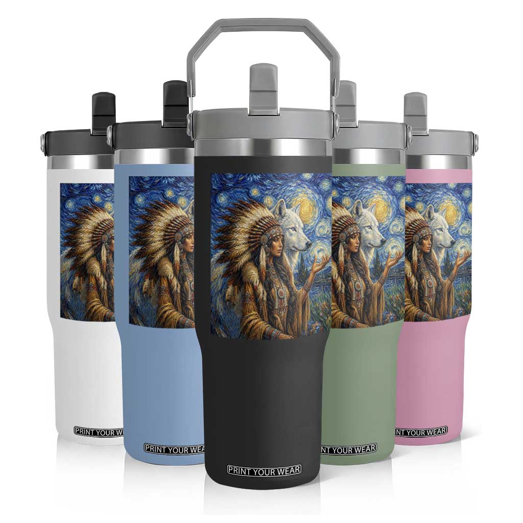 Native American Woman And White Wolf Flip Straw Tumbler Starry Night Inspired Art