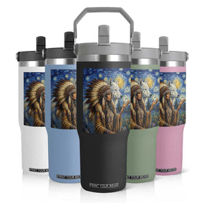 Native American Woman And White Wolf Flip Straw Tumbler Starry Night Inspired Art