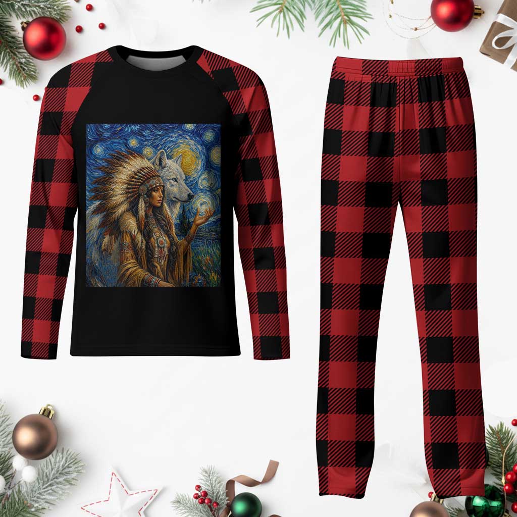 Native American Woman And White Wolf Plaid Pajama Set Starry Night Inspired Art