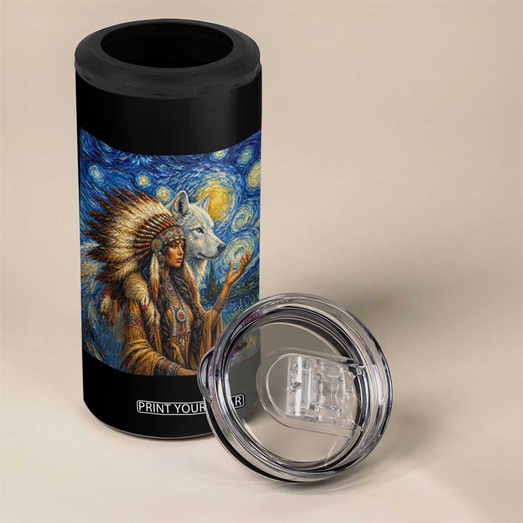 Native American Woman And White Wolf 4 in 1 Can Cooler Tumbler Starry Night Inspired Art