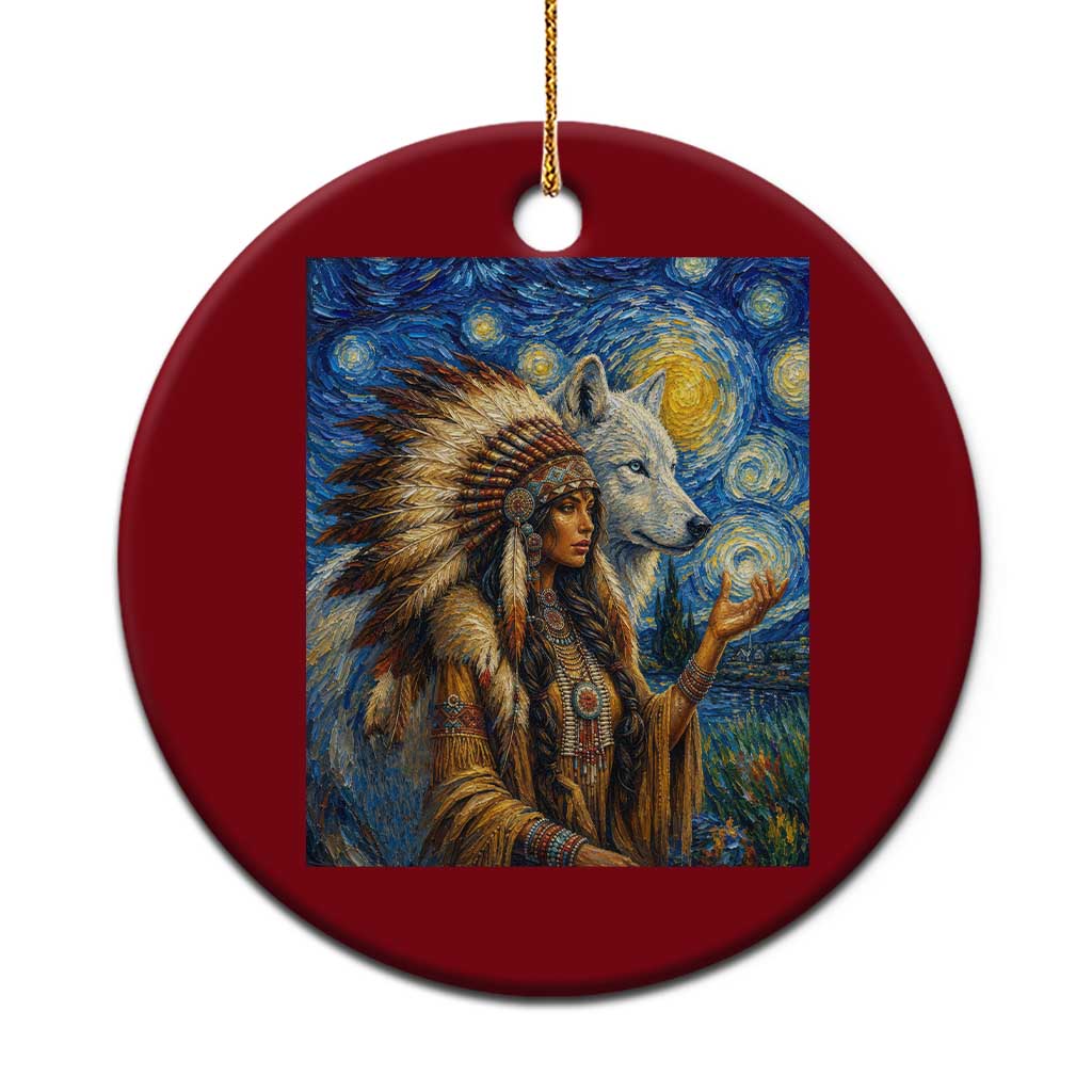 Native American Woman And White Wolf Ceramic Ornament Starry Night Inspired Art TS12 1pc Red Print Your Wear
